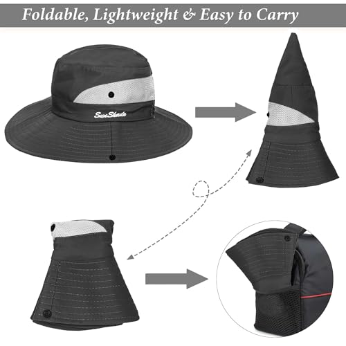 Sun Hat for Women Summer UV Protection Beach Hat Wide Brim Mesh Bucket Fishing Hat with Ponytail Hole Foldable Packable Hat - color: Grey(with Ponytail Hole)