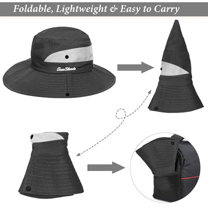 Sun Hat for Women Summer UV Protection Beach Hat Wide Brim Mesh Bucket Fishing Hat with Ponytail Hole Foldable Packable Hat - color: Grey(with Ponytail Hole)