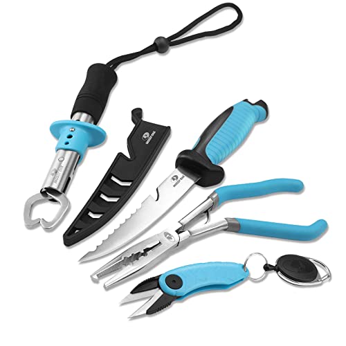 Mossy Oak Fishing Tools Kit- Fishing Plier, Fish Lip Gripper, Multifunctional Fishing Hook Remover with Lanyards Sheath, Saltwater Resistant Fishing Accessories & Equipment, Fishing Gifts for Men - style: 4pc Fishing Tool Kit