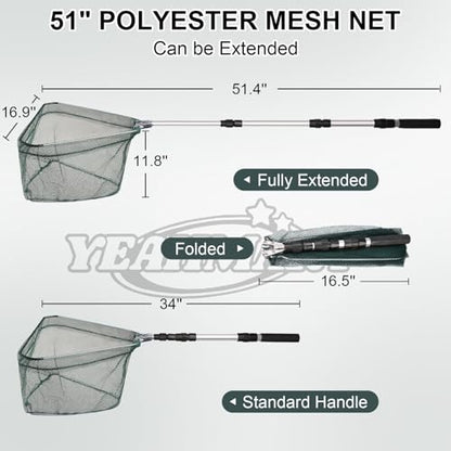 Yeahmart Fishing Landing Net with Telescopic Aluminum Handle Pole, Collapsible Nylon Mesh Minnow Fish Net for Saltwater & Freshwater, Portable Fishing Gear for Kids, Men, Women, Extends 21-75 Inches - style: 51" Full Length (3 Sectional Handle)
