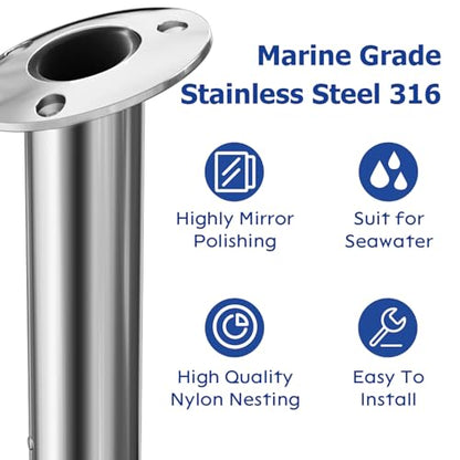 Fishing Rod Holder 2 Pack, 316 Stainless Steel 15/30/90 Degree Rod Holders for Fishing Boat, Flush Mount with Cap, Heavy Duty