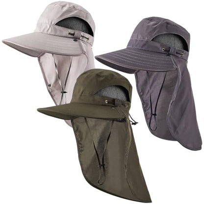 Cuffbow 3 Pcs Sun Hat for Men Women with Neck Flap Breathable Wide Brim Bucket Hat UV Protection UPF 50+ Fishing Hiking - color: Dark Gray, Gray, Army Green