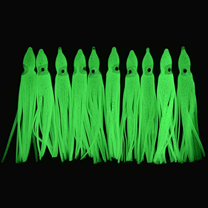 Fishing Squid Skirts Lures Octopus Skirts Trolling Lures Soft Plastic Fishing Tackle Squid Bait for Saltwater Bass Salmon Trout - color: Green (Luminous), size: 3.54in - 30pcs