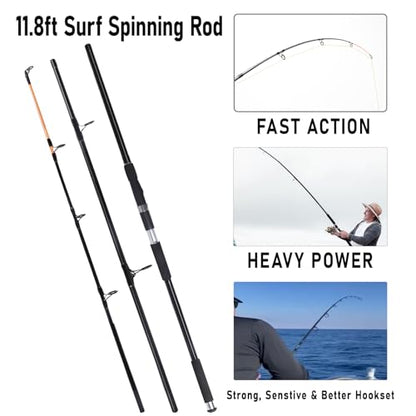Dr.Fish Surf Fishing Rod and Reel Combos Saltwater Fishing Gear Set 12ft Surf Rod 10000 Reel Offshore Inshore Casting Pole Beach Casting Spinning Pole Kit Equipment Set Striper Pompano Flounder - color: Black Fishing Rod