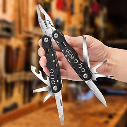 RoverTac Multitool Pliers Pocket Knife, 14 in 1 Multi Tool Knife Pliers Saw Bottle Opener Safety Lock Nylon Sheath, Camping Hiking Gear Multitool for Camping Survival Hiking DIY, Gifts for Men Dad - color: Black