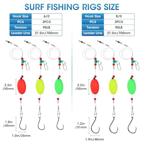 3/6PCS Pre-Tied Fish Finder Rig for Surf Fishing Saltwater Fish Finder Rigs for Shark Bluefish Stripers Bass Surf Fishing Tackle & Gear with 90LB Leader Line, Float, Circle Hook 6/0 8/0 - size: HOOK SIZE: 6/0-3PCS