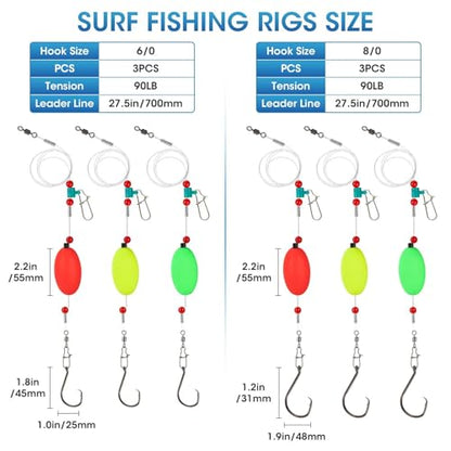 3/6PCS Pre-Tied Fish Finder Rig for Surf Fishing Saltwater Fish Finder Rigs for Shark Bluefish Stripers Bass Surf Fishing Tackle & Gear with 90LB Leader Line, Float, Circle Hook 6/0 8/0 - size: HOOK SIZE: 6/0-3PCS