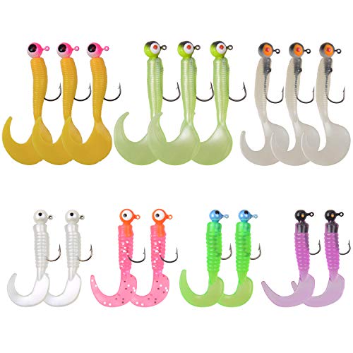 Grub Lures Fishing Jigs Head Hooks Kit- Crappie Jigs Soft Plastic Grub Tail Worm Lure Bait Buster Tubes Baits for Bass Trout Saltwater Freshwater Fishing - color: 17pcs kit