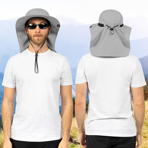 SUN CUBE UPF50+ Sun Hat for Men Women with Neck Flap, Wide Brim UV Protection Fishing Safari Hat for Hiking Beach Gardening - color: Light Gray