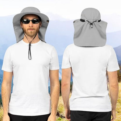 SUN CUBE UPF50+ Sun Hat for Men Women with Neck Flap, Wide Brim UV Protection Fishing Safari Hat for Hiking Beach Gardening - color: Light Gray
