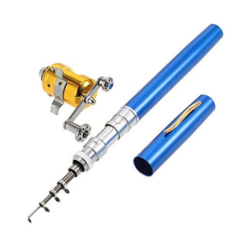 Jatzde Mini Portable Pocket Fish Rod Pen Aluminum Alloy Fishing Rod Pole Reel Combos… - color: Blue