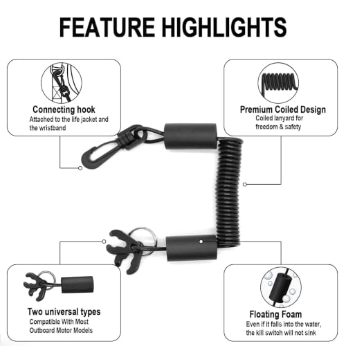 Floatable Boat Kill Switch Lanyard with Backup Key & Flotation Foam - color: Black