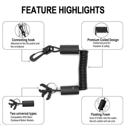 Floatable Boat Kill Switch Lanyard with Backup Key & Flotation Foam - color: Black