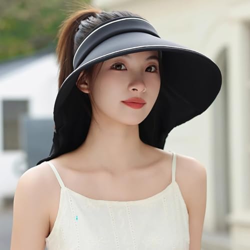 Sun Visor Hats for Women Wide Brim UPF 50+ UV Sun Protection Visor Hats Casual Adjustable Roll up Summer Beach Caps - color: B-black