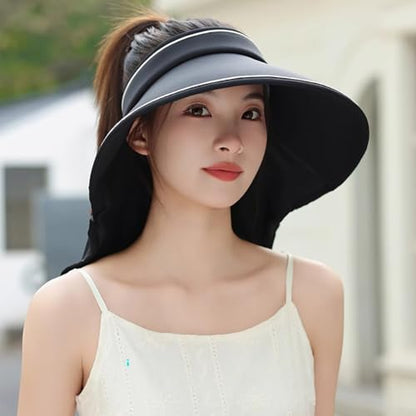 Sun Visor Hats for Women Wide Brim UPF 50+ UV Sun Protection Visor Hats Casual Adjustable Roll up Summer Beach Caps - color: B-black