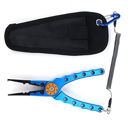 Fishing Pliers Saltwater, Split Pliers Hook Remover, with Safety Lock, Split Pliers Tools, with Sheath and Lanyard, Aluminum Alloy Multi Function Fish Tools - color: Blue