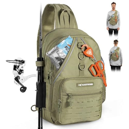 KastKing Karryall Sling Tackle Bag–Fishing Sling Pack,Fishing Backpack With Rod Holder,MOLLE System,Soft Bait & Gear Storage - color: C: Khaki