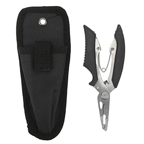 Fishing Pliers Multi Function Lure Pliers with Curved Mouth Stainless Steel Fishing Hook Remover and Line Cutting Scissors Braid Cutters for Outdoor Fishing Durable (Black) - color: Black