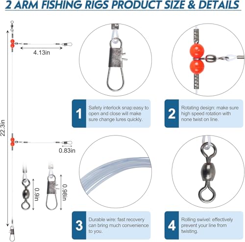 Fishing Leader Rigs Saltwater Tackle Rigs with Swivels Snaps, High Strength Wire Leaders Rigging Surf Fishing Gear Equipment for Lures Bait Hooks Catfish Walleye - color: Blue Nylon Leader, size: 24PCS, style: 2 Arm