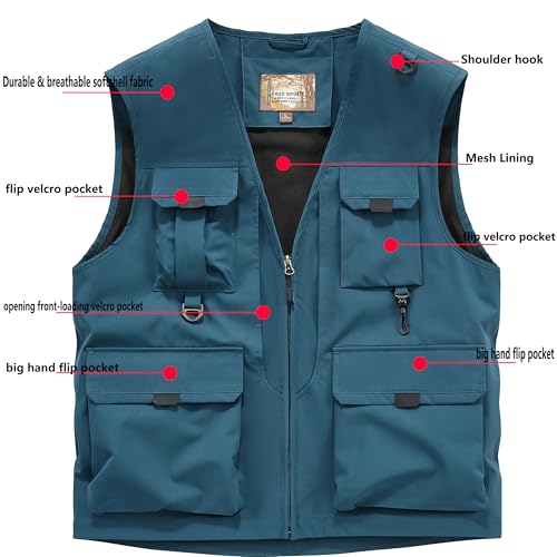 Men's Softshell Fishing Vest Outdoor Lightweight Waistcoat Waterproof Utility Cargo Sleeveless Jacket - color: Navy Blue, size: XX-Large