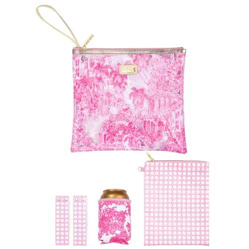 Lilly Pulitzer Water Resistant Vinyl Beach Day Pouch, Zipper Bag Includes Drink Hugger, Small Pouch, and Towel Clips - color: Palm Beach Toile