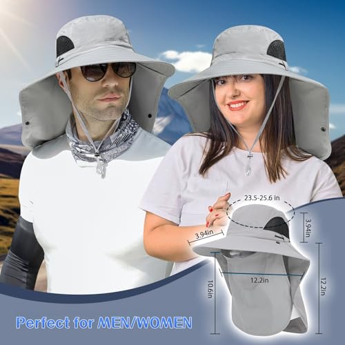 ALANDUO Wide Brim XXL Sun Hats for Men Big Head, UPF 50+ Fishing Sun Hat with Neck Face Flap, Safari Boonie Hat for Men Women - color: Light Grey