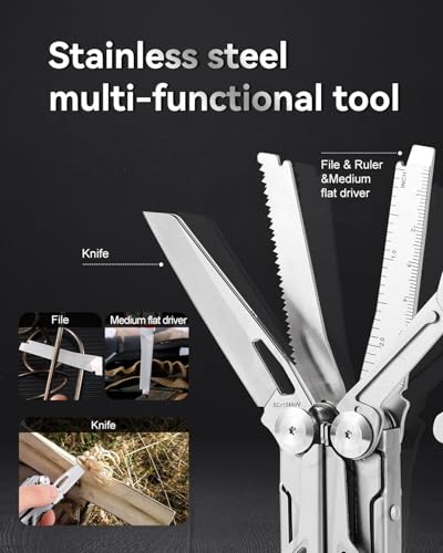 Strong 15-in-1 Multitool Pliers with Sheath, Stainless Steel, Grey | Folding Multi Tool, Needle Nose Pliers & Wire Cutters, Knife, Saw, Screwdrivers, Bottle Opener, EDC Pocket Knife - color: Gray