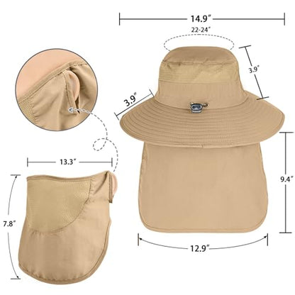 Sun Hats for Men Women Fishing Hat UPF 50+ Breathable Wide Brim Bucket Hats Summer UV Protection Safari Hat with Neck Flap - color: Khaki (With Face Cover)