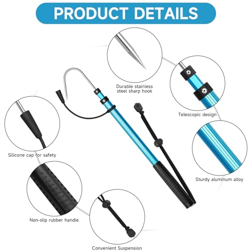 SANLIKE Telescopic Fishing Gaff, Aluminum Pole, Stainless Steel M8 Hook | Ultralight 4.62oz aluminum telescopic gaff (11.4"-24") with nonslip rubber handle, sharp stainless hook & safety lanyard - color: Blue, size: M-Extended 34.84"