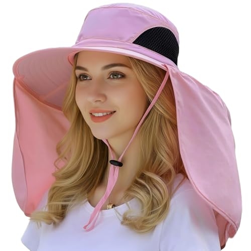 HUAMULAN Women Large Brim Sun Hat with Neck Flap, Men Quick Dry Hiking Fishing Safari Hat UPF 50+ - color: Yq005-pink