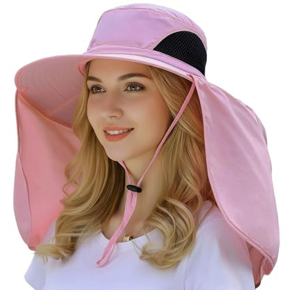 HUAMULAN Women Large Brim Sun Hat with Neck Flap, Men Quick Dry Hiking Fishing Safari Hat UPF 50+ - color: Yq005-pink