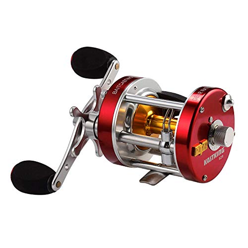 KastKing Rover Round Baitcasting Fishing Reel, Perfect Conventional Reel for Catfish, Salmon/Steelhead, Striper Bass and Inshore Saltwater Fishing Reel, Reinforced Metal Body - color: Red, size: 50 Right Hand