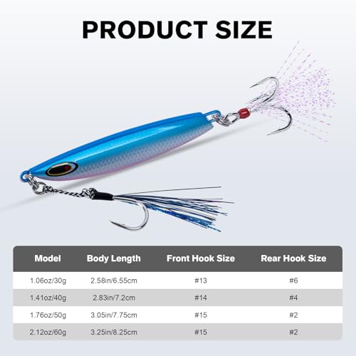 Goture Fishing Jigs, 30g 40g 50g 60g Vertical Jig Saltwater Freshwater, Jig Lures with Assist Hook and Treble Hook, 5PCS Jigging Spoon Lures with Tackle Box, Fishing Jigs for Tuna, Salmon, Bass - color: A1 with Tackle Box, size: 50g