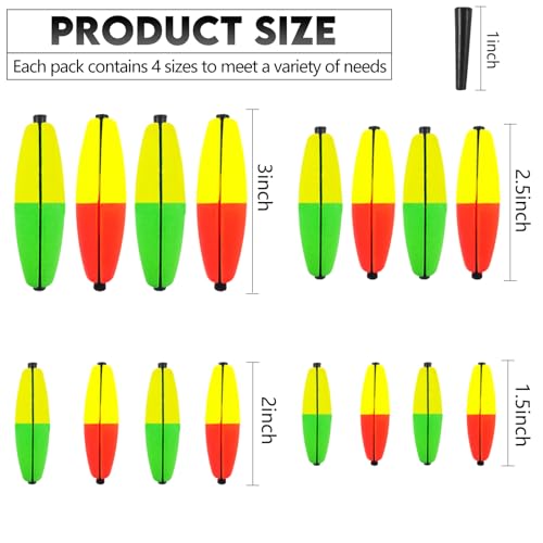 EUPHENG Peg Floats Slotted, Catfish Fishing Floats Slip Bobbers Cigar Foam Bobbers with Pipe Plug for Santee Rig Catfish Rig Fish Finder Rig - color: 16PCS-Green Yellow+Red Yellow-(1.5"+2"+2.5"+3")