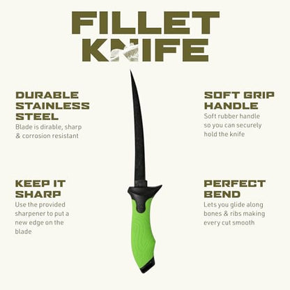 Googan Squad 7 Inch Fishing Fillet Knife with Sharp Stainless Steel Blade and Soft Grip Handle for Cleaning Bass, Walleye, Catfish and Panfish - style: 7" Fillet Knife