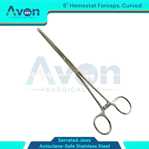 Stainless Steel Hemostat Forceps with Serrated Jaws, Curved, 8in Long - Locking - Fishing Pliers Multi-Purpose for Crafts and Nurses