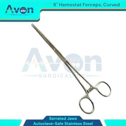 Stainless Steel Hemostat Forceps with Serrated Jaws, Curved, 8in Long - Locking - Fishing Pliers Multi-Purpose for Crafts and Nurses