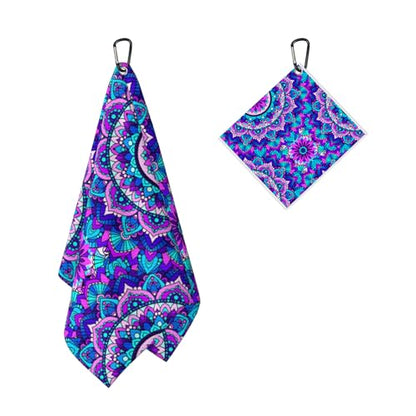 Blue Mandala Boho Golf Towel for Golf Bags Carts Mandalas Flowers Golf Towels with Clip Bohemia Waffle Towels Cleaning Cloth 2 Packs for Men Golfer Accessories, Birthday Father's Day Present - color: Blue Purple