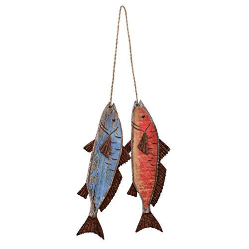 Wood Fish Decor Ornament Wall Hanging Decorations for Home Nautical Wall Decor Distressed Hand Painted Fish Sculpture Decor - color: Blue Red