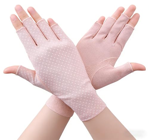 Eohak Women Driving Gloves Sun UV Protection Summer Outdoor Hiking UPF 50+ Glove Touchscreen Half-Finger Glove - color: Pink