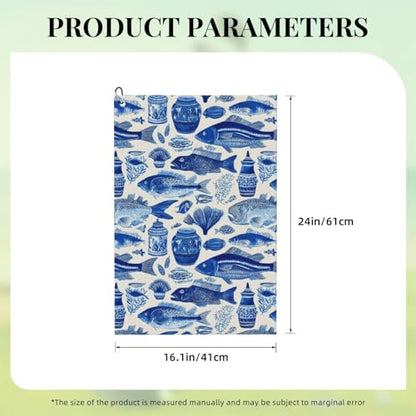Retro Blue Fish Print Golf Towel, Microfiber Golf Towels for Bags with Carabiner Clip 16 x 24 inches, Men Womens Golfs Accessories