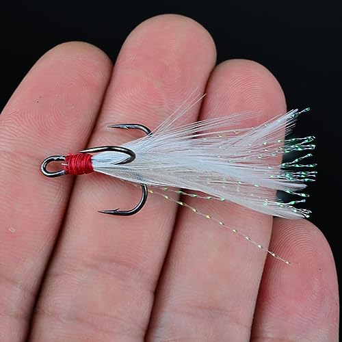 20Pcs Treble Fishing Hooks with Feather Size Stainless Steel Barbed Sharp Triple Fishhook with Box for Saltwater Freshwater - color: 20pcs-White Feather, size: 6#
