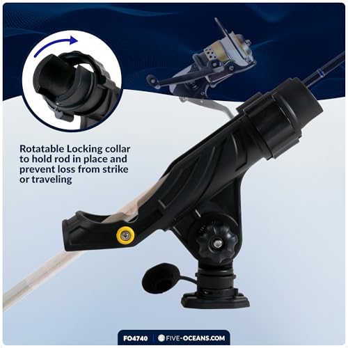 Five Oceans Fishing Rod Holder for Boat with Deck Mount Base, Black, High-Impact Nylon for Boats & Kayaks, Multiple Sizes - style: X-large Rod Holder + Spring-loaded Lock Cap Base