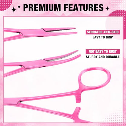 BBTO Hemostat Curved and Straight Hemostat Forceps Piercing Pliers Forceps, Stainless Steel Straight and Curved Pliers, Fishing Tweezer(Pink,2 Pcs) - color: Pink