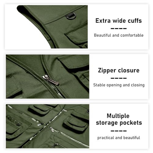 TOLOER Men's Summer Fishing Vest Multi Pockets Casual Vests Waterproof Quick Dry Outdoor Mountain Photography - color: Army Green, size: Medium