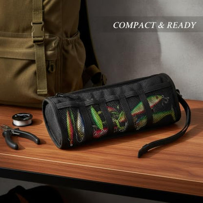 Boat Deck & Tackle Box Lure Organizer, Roll-Up Soft Storage Bag with 5 Compartments for Jigs and Baits, Black Polyester Case
