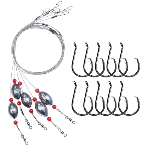 Pre-Rigged Carolina Rig Saltwater, Egg Sinker Grouper Rigs with 10 Circle Hooks, Stainless Steel Leader Fishing Wire, for Snapper Flounder Sea Bass Surf Fishing Bottom Rig - size: 1oz sinker(5pcs)+4/0 hook(10pcs)