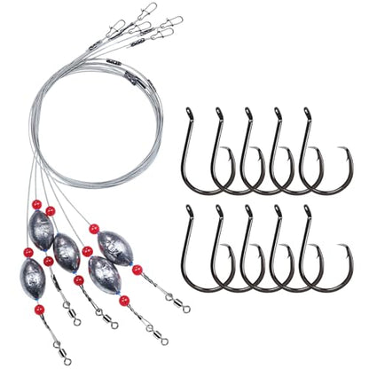 Pre-Rigged Carolina Rig Saltwater, Egg Sinker Grouper Rigs with 10 Circle Hooks, Stainless Steel Leader Fishing Wire, for Snapper Flounder Sea Bass Surf Fishing Bottom Rig - size: 1oz sinker(5pcs)+4/0 hook(10pcs)