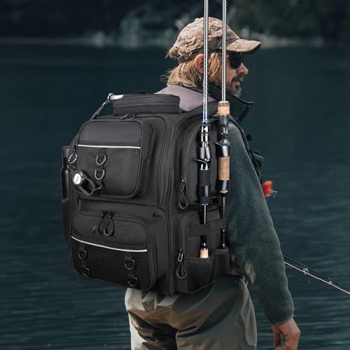 WANOON Fishing Backpack, fishing bag with Rod Holders. Large tackle Backpack Strong Materials - color: Black, size: 42L-Without Tackle Boxes