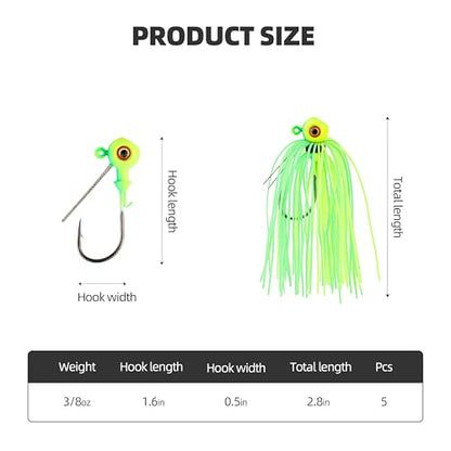 Weedless Swim Jigs & Spinnerbait Jigs Combo Pack, Bass Rubber Jigs with Silicone Skirts, 3D Eyes & Weed Guard for Freshwater Saltwater Bass Trout Fishing - size: 3/8oz